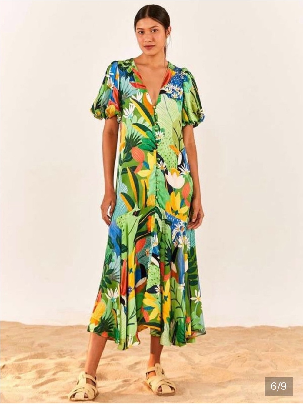 Tropical Print V-Neck Maxi Dress in Green